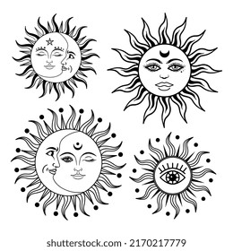 Sun and crescent moon with a face, Set of mystic sun and moon,Celestial design,Vector silhouette illustration, Symbols of magic and alchemy,Boho mystical