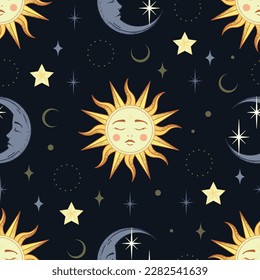 Sun and crescent moon with face, stars. seamless pattern, astrology, vintage background for astrology and tarot, vector graphics, mystical cosmic theme, eyes closed, dark background