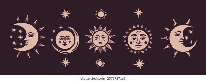 Sun, crescent, moon faces isolated on a dark background. Vector boho illustration.