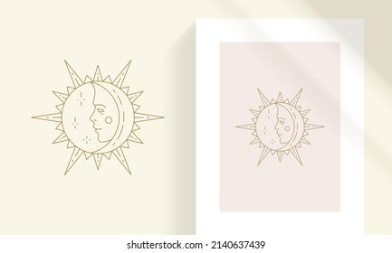 Sun And Crescent Moon With Female Face Line Art Style Vector Illustration. Boho Linear Drawing For Poster And Magic Logo Emblem Decoration Or Fashion Print.