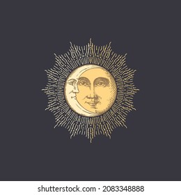 Sun and Crescent on black background, hand drawing in engraving style. Vector graphic retro illustration  Vintage pastiche of esoteric and occult sign.