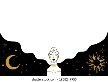 Sun, crescent and portrait of a girl against the background of the starry sky, mystical banner for astrology and tarot. Vintage boho poster with copy space. Vector illustration.