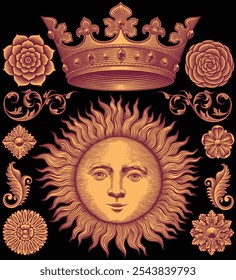 Sun and crown. Design set. Editable hand drawn illustration. Vector vintage engraving. Isolated on black background. 8 EPS