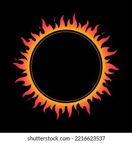 Sun crown with tongues of fire, vector fire ring, circle, burning frame. Sun shape or flame border template with space for text. Orange and yellow gradient. Solar eclipse illustration.