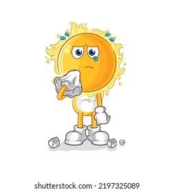 The Sun Cry With A Tissue. Cartoon Mascot Vector