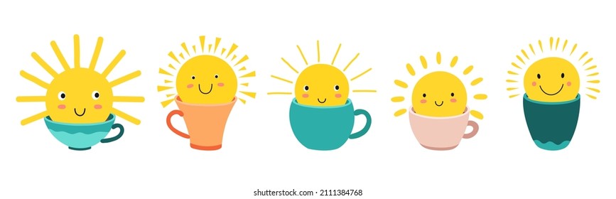 Sun in cup. Cute suns in mugs. Sunshine, good morning concept. Coffee, tea, cocoa drinks. Popular beverages with sunny characters vector set