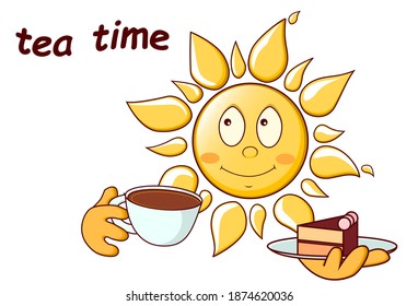 Sun with a cup of tea in cartoon style, vector illustration on a white background