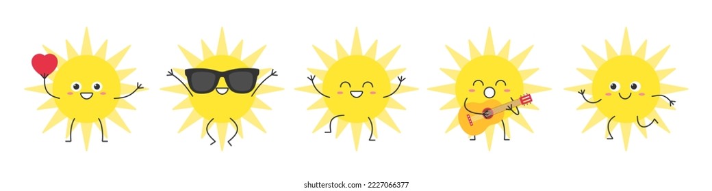 Sun cute character cartoon set jump greet love run sing smile face symbol summer warm heat weather sunlight cheerful kawaii joy happy emotions icon vector illustration.