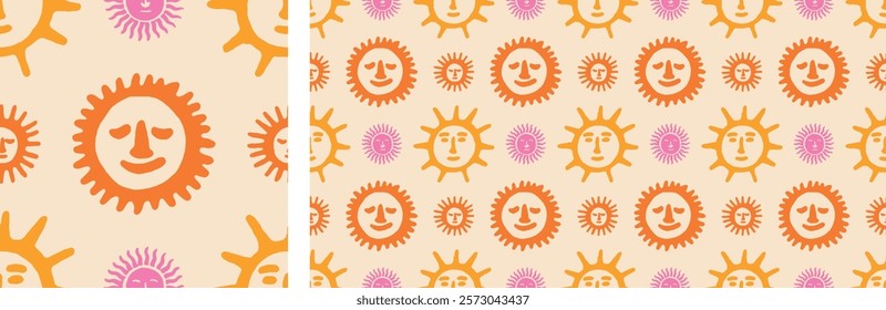 Sun Cute Colorful Pattern Funky Groovy Retro Seamless Design Vector Illustration