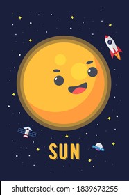 The Sun Cute Design, Illustration vector graphic of the of the sun in cute cartoon style. Space kids.