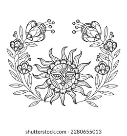 Sun and cute flower hand drawn for adult coloring book