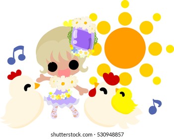 The sun and cute girl and chickens