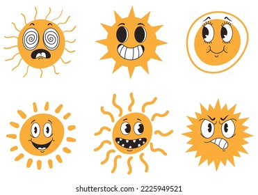 Sun cute retro style sunny cartoon face with different emotions design element concept illustration