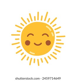 Sun. Cute smiling sun isolated on white background. Vector Icon illustration for label, card, logo, emblem.
