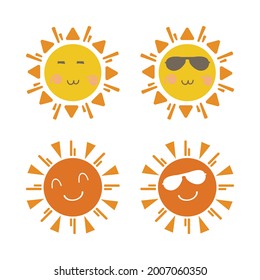 Sun cute sticker with a round shape and yellow and red color. Cute sun with smiling face and cool sunglasses. Sunray coming out from sun vector design. Sun vector social media sticker collection.