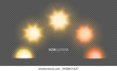 Sun cycle on a transparent background. Transformation of the sun from sunrise to sunset - red-hot star changes - design element. Vector illustration