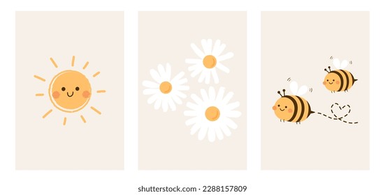 Sun, daisy flower and bee cartoons with heart dot line on ivory color backgrounds vector illustration. Cute childish print.