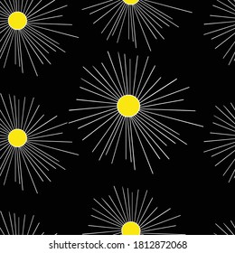 Sun dandelion chamomile daisy seamless pattern. Summer black yellow flower rays. Colourful sunlight. Plant blom. Fireworks at night sky. Hand drawn illustration.