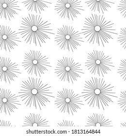 Patrón sin fisuras de la margarita de dandelion de sol. Rayos de flores negras de verano. Esbozo de luz solar. La planta florece. Fuegos artificiales en el cielo. Ilustración dibujada a mano.