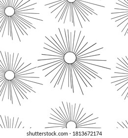 Sun dandelion chamomile daisy seamless pattern. Summer black flower rays. Sunlight sketch. Plant bloom. Fireworks at sky. Hand drawn illustration.