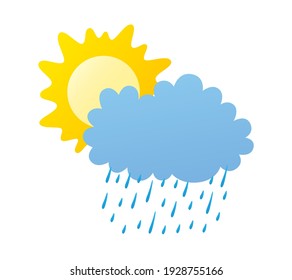 Sun and dark rain cloud isolated flat vector, rainy cloudy day weather forecast icon.