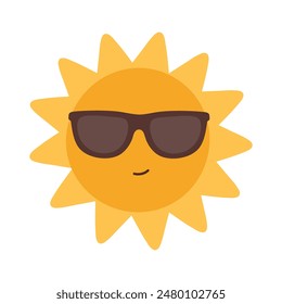 Sun in dark sunglasses with a smirk. Yellow sun with smiling face. Summer season, beach vacation. Vector flat illustration isolated on white background