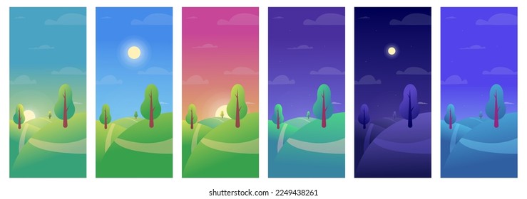 Sun day, afternoon and night, morning sky. Sunrise and sunset landscape. Evening and daytime, parts of noon. Tree in field, summer time, vertical posters. Vector cartoon meadow recent set