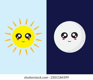 Sun at day and moon at night on a blue background with a smile expression. Atmosphere, cartoon, climate, cloudscape, graphic, illustration, meteorology, nature, vector and weather.