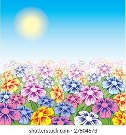 Sun day on flowering a meadow. Vector.