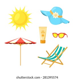 Sun, deck chair, sun protective accessories. Summer beach icons isolated on white. Vector symbols collection.