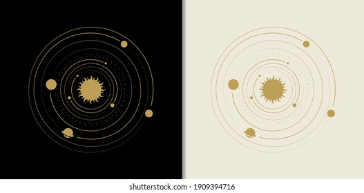 Sun decorated with orbits of stars or planets. Abstract engraving illustration with esoteric, boho, spiritual, geometric, astrology, magic themes, for tarot reader, card or posters