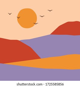 The sun in desert. Birds flying near the sun. Illustration for children.