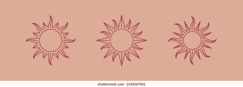 Sun design element. Set of 3 geometric shape. Modern linear design emblem. Simple contour vector element for pattern, badge, insignia.