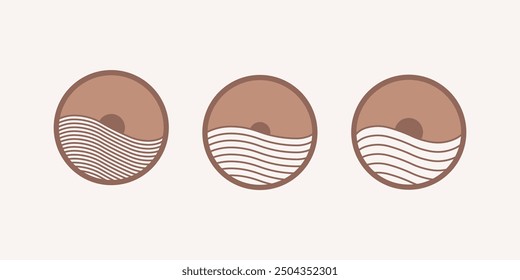 Sun design element. Set of 3 geometric shape. Modern linear design emblem. Simple contour vector element for pattern, badge, label and sticker.