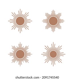 Sun design element. Set of 4 geometric shape. Modern linear design emblem. Simple contour vector element for pattern, badge, insignia.