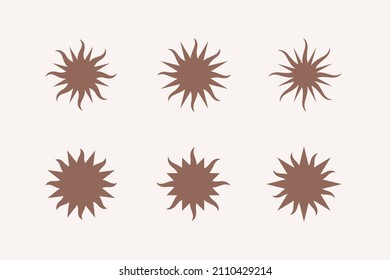 Sun design element. Set of 6 geometric shape. Modern linear design emblem. Simple contour vector element for pattern, badge, label and sticker.