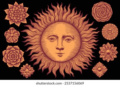 The sun and design elements. Design set. Editable hand drawn illustration. Vector vintage engraving. Isolated on black background. 8 EPS