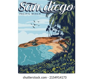 Sun diego beach vector print design. Beach vibes artwork for posters, stickers, background and others. Tropical paradise illustration.
