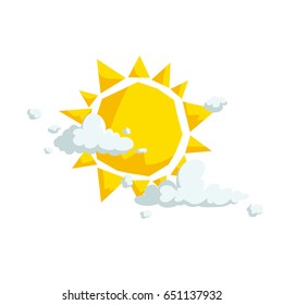 Sun with different clouds. Weather and summer, beach and travel cartoon icons. Vector illustration isolated on white background.