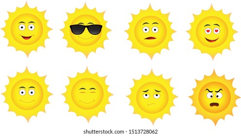 Sun with different emotions cartoon vector set