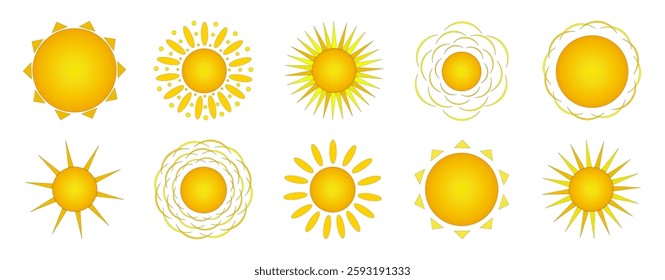 Sun with different variants of rays, set. Summertime. Vector color drawing