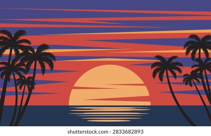 Sun dips below ocean, casting warm hues across sky. Silhouetted palms stand tall, framing the golden horizon. Water mirrors the sky's glow, reflecting calm sunset colors. Vibrant stripes of orange