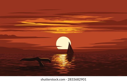 Sun dips low, casting orange glow over ocean. Sailboat drifts calmly, silhouetted against golden sky. Whale's tail rises, breaking water in gentle motion. Stillness holds the scene, evoking peace
