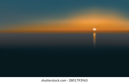 Sun dips low, casting warm glow over calm waters. Soft gradient hues blend sky with sea's dark surface. Reflections shimmer faintly, echoing the sun's descent