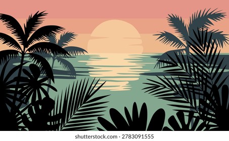 Sun dips low over calm turquoise sea. Silhouetted palm fronds frame the horizon. Warm pink glow paints the sky. Peaceful coastal scene invites relaxation