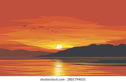 Sun dips low over calm water, casting golden glow. Silhouetted birds fly in perfect formation across warm sky. Mountains frame the horizon, softened by twilight's embrace. Reflections ripple gently