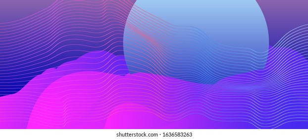 Sun disc in ultraviolet glowing waves. Surreal landscape in vaporwave and synthwave 80's retrofuturistic style.