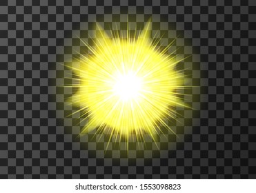 Sun disk with rays, weather meteo icon cartoon vector illustration. Yellow shiny sun with radiant light. Element for weather forecast, isolated on transparent background