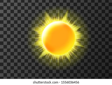 Sun disk with rays, weather meteo icon cartoon vector illustration. Yellow shiny sun with radiant light. Element for weather forecast, isolated on transparent background