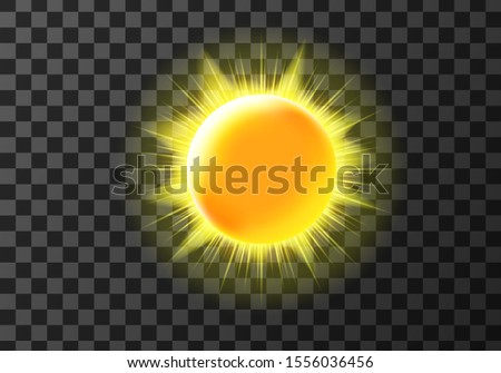 Sun disk with rays, weather meteo icon cartoon vector illustration. Yellow shiny sun with radiant light. Element for weather forecast, isolated on transparent background